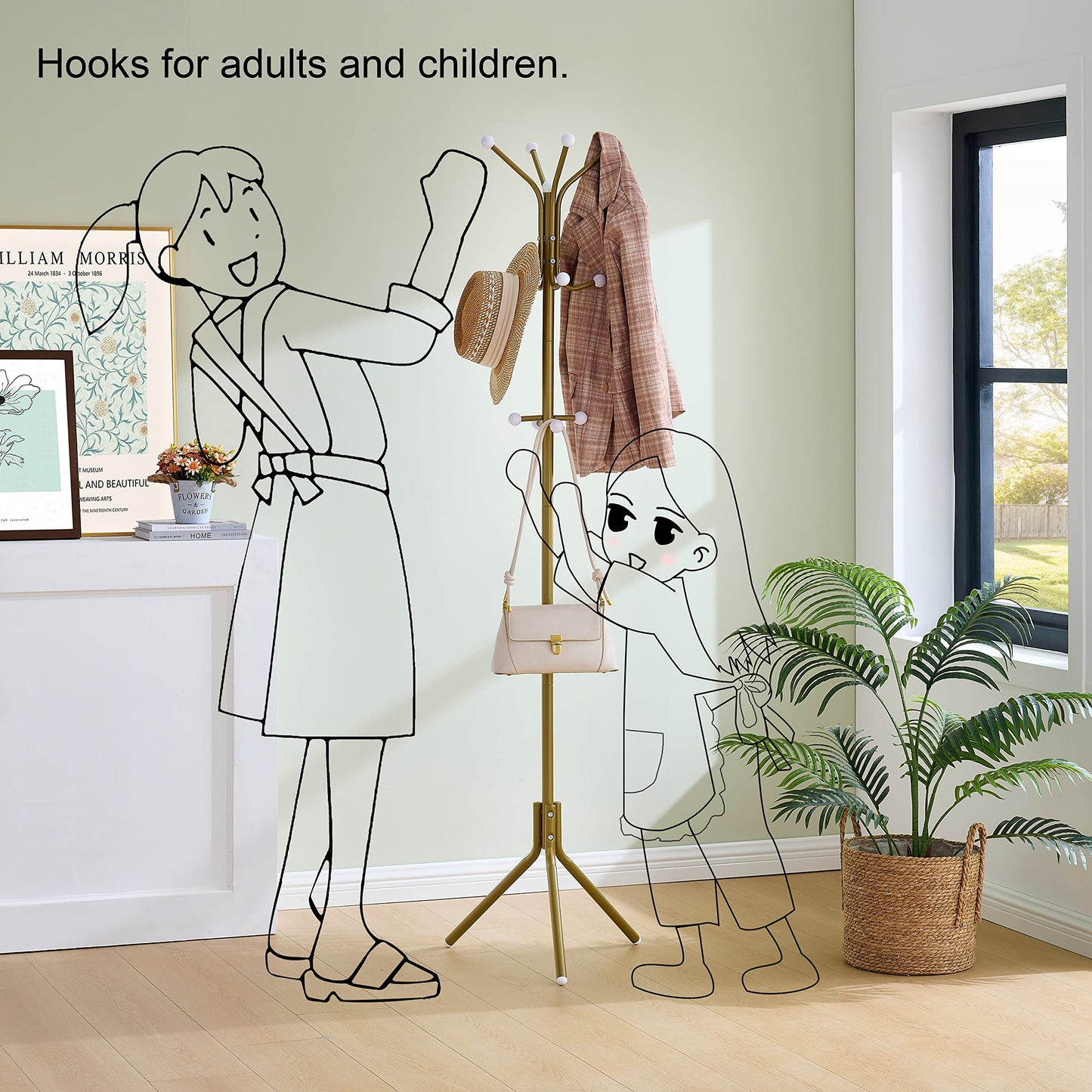 Hoctieon Freestanding Coat Hanger Stand with 12 Hooks, Entryway Hall Tree, Floor Standing Coat Rack, Gold