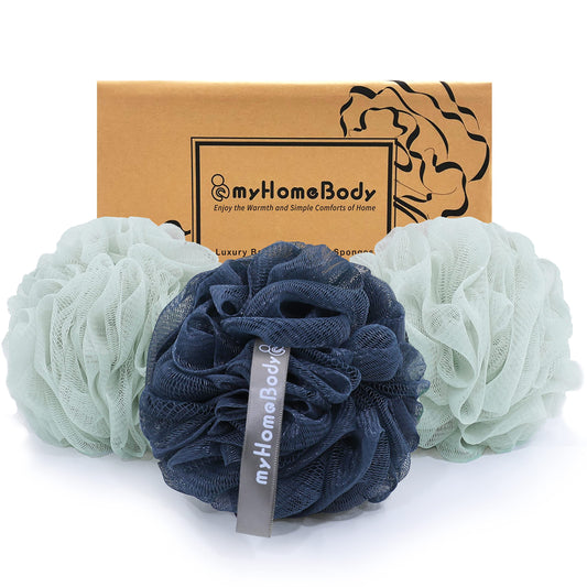 myHomeBody Large 70g Loofah Sponge, Body Scrubber, Bath Sponge, Loofah for Women, Men, Exfoliating Sponge Shower Pouf with Activated Charcoal - 2 Sea