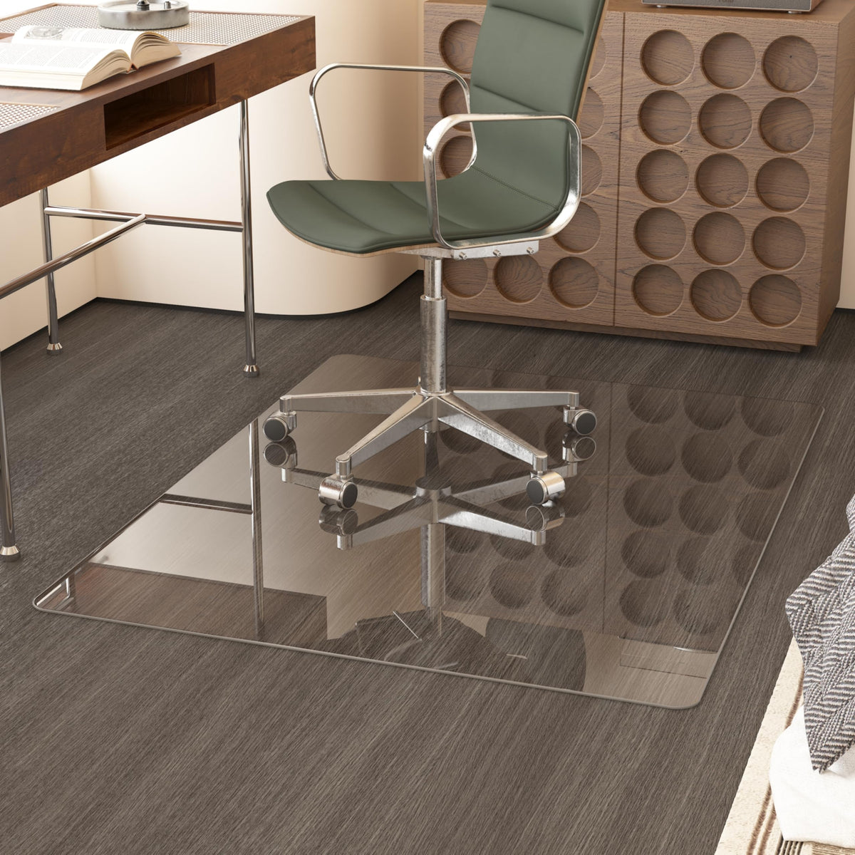 NEUWEABY Tempered Glass Chair Mat for Carpet, Office/Home, 90x115cm Clear Computer Floor Mat with 4 Anti-Slip Pads