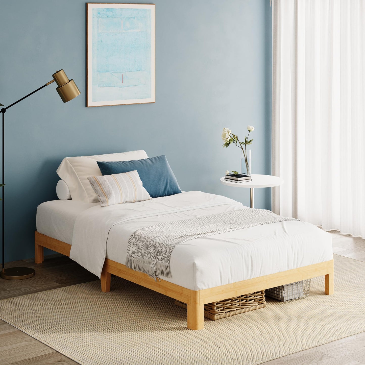 QFtime Wooden Single Bed Frame, Platform, Bamboo Wood, Sturdy, 25.4 cm High