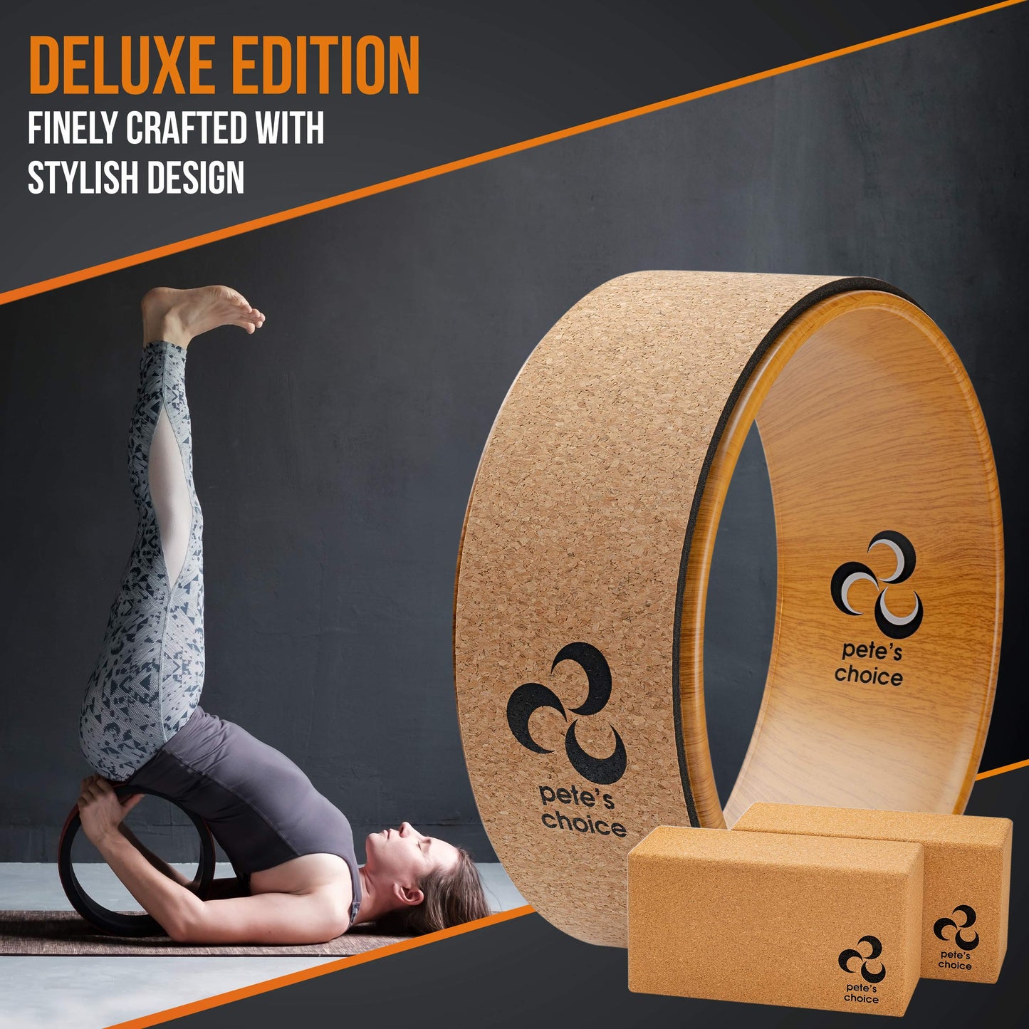 Cork Yoga Wheel, Cork Yoga Blocks - eBook & yoga strap included. Extra Firm High Density Yoga Bricks, Better Support, Natural & Eco-Friendly