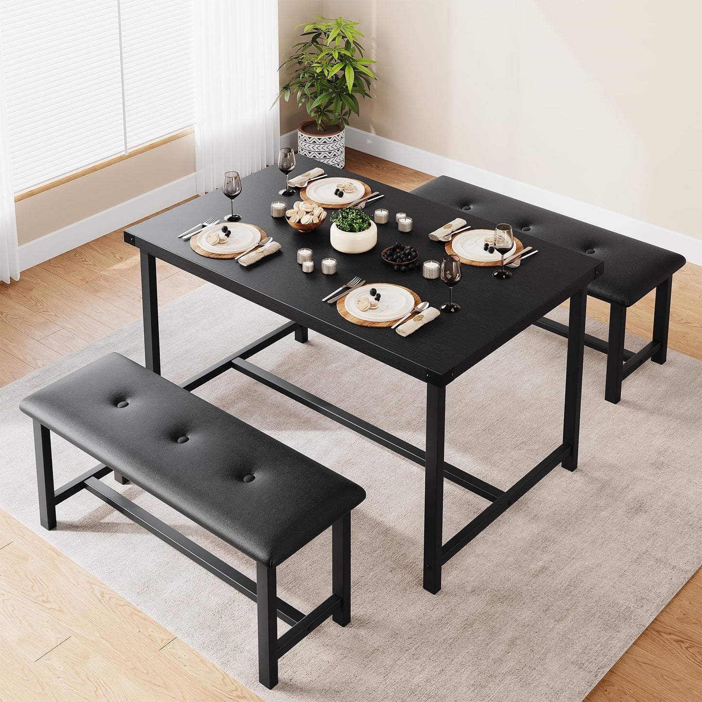 Crevyteg Modern Industrial 3-Piece Dining Table Set for 4 with 2 Upholstered Benches, Space-Saving Kitchen Table Set for Small Spaces