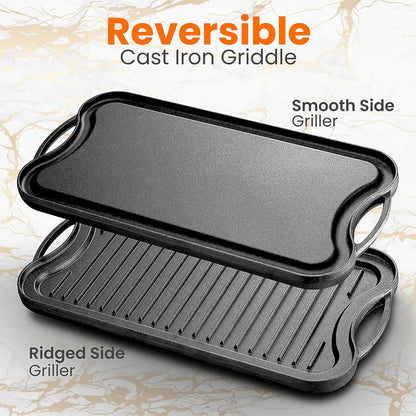 Nutrichef Reversible Cast Iron Griddle Pan  50.7cm x 25.7cm, Non-Stick Flat & Ridged Grill Plate for Hob, Oven & BBQ, Induction & Gas Safe,