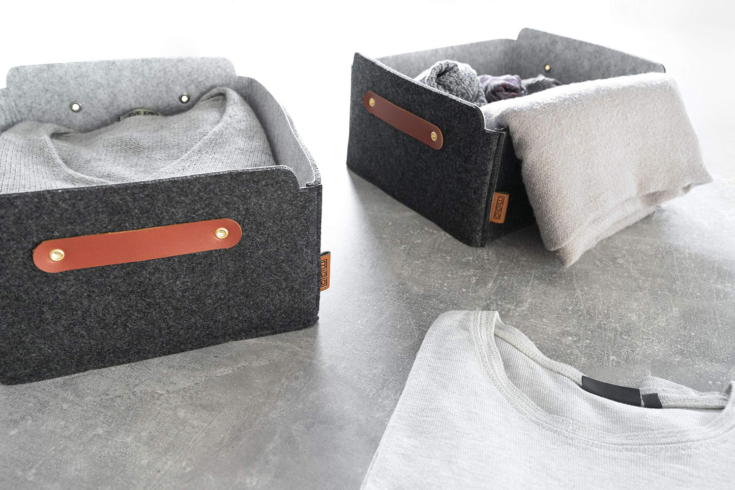 MIQIO® Design Felt Storage Box, Set of 4, with leather handle, 12x10x6 inch, Storage Baskets, Folding Box, Organiser Boxes, Dark Grey