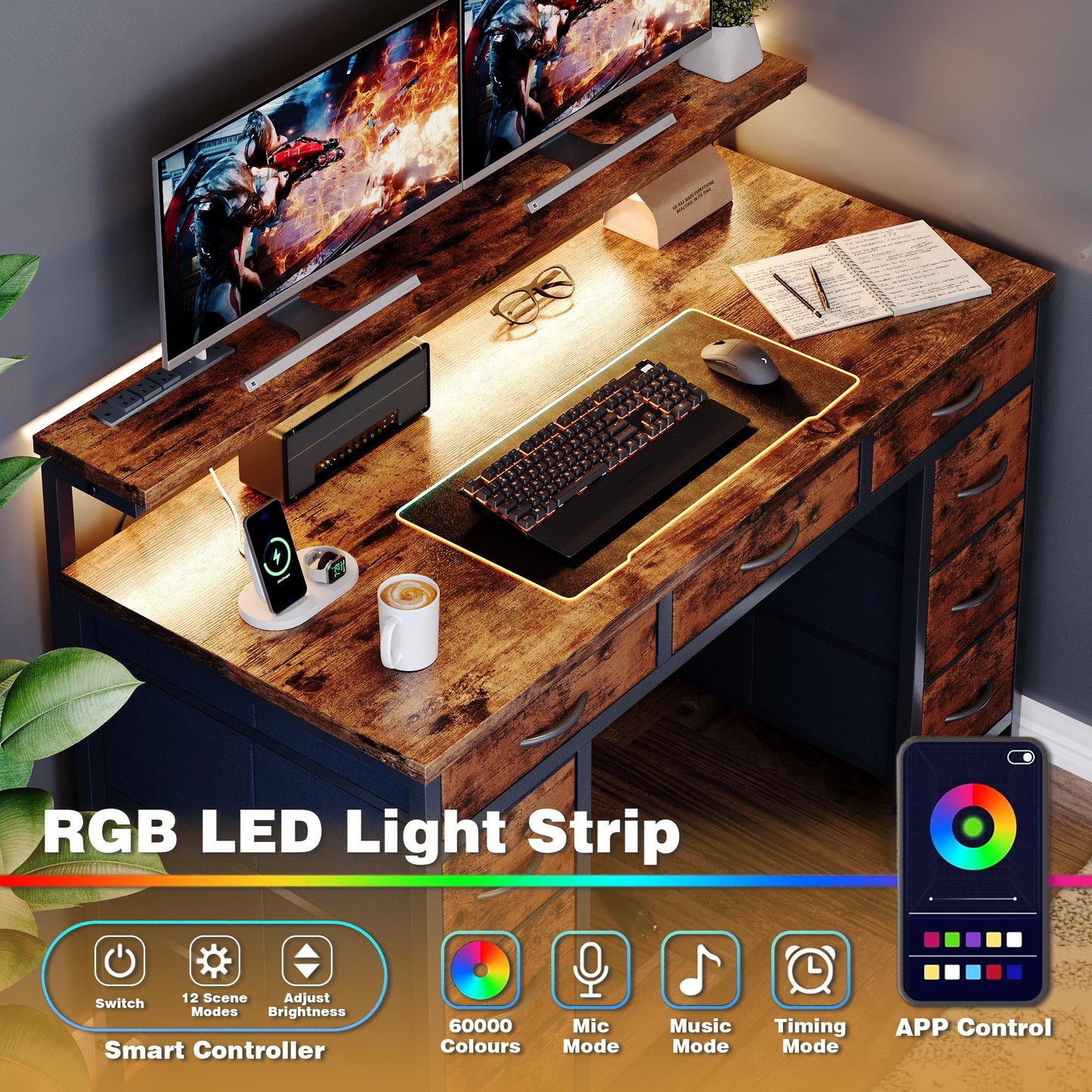 Flrrtenv Computer Desk with 9 Drawers & LED, 120cm Home Office Desk with Storage & Power Outlets USB Type-C