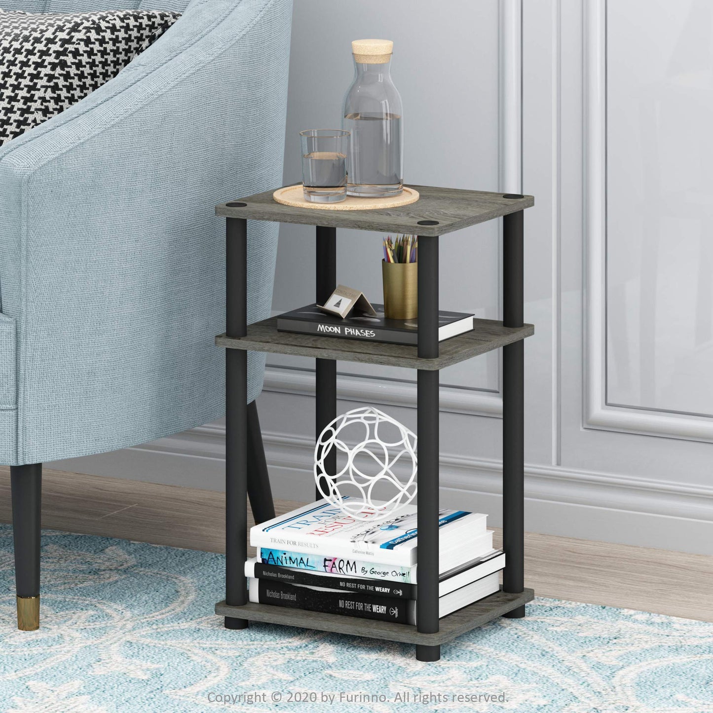 Furinno JUST Side Table, 3-Tier End Table, Open Shelves Night Stand, Bedside Table, Toolless Assembly, for Living Room, Bedroom, French Oak