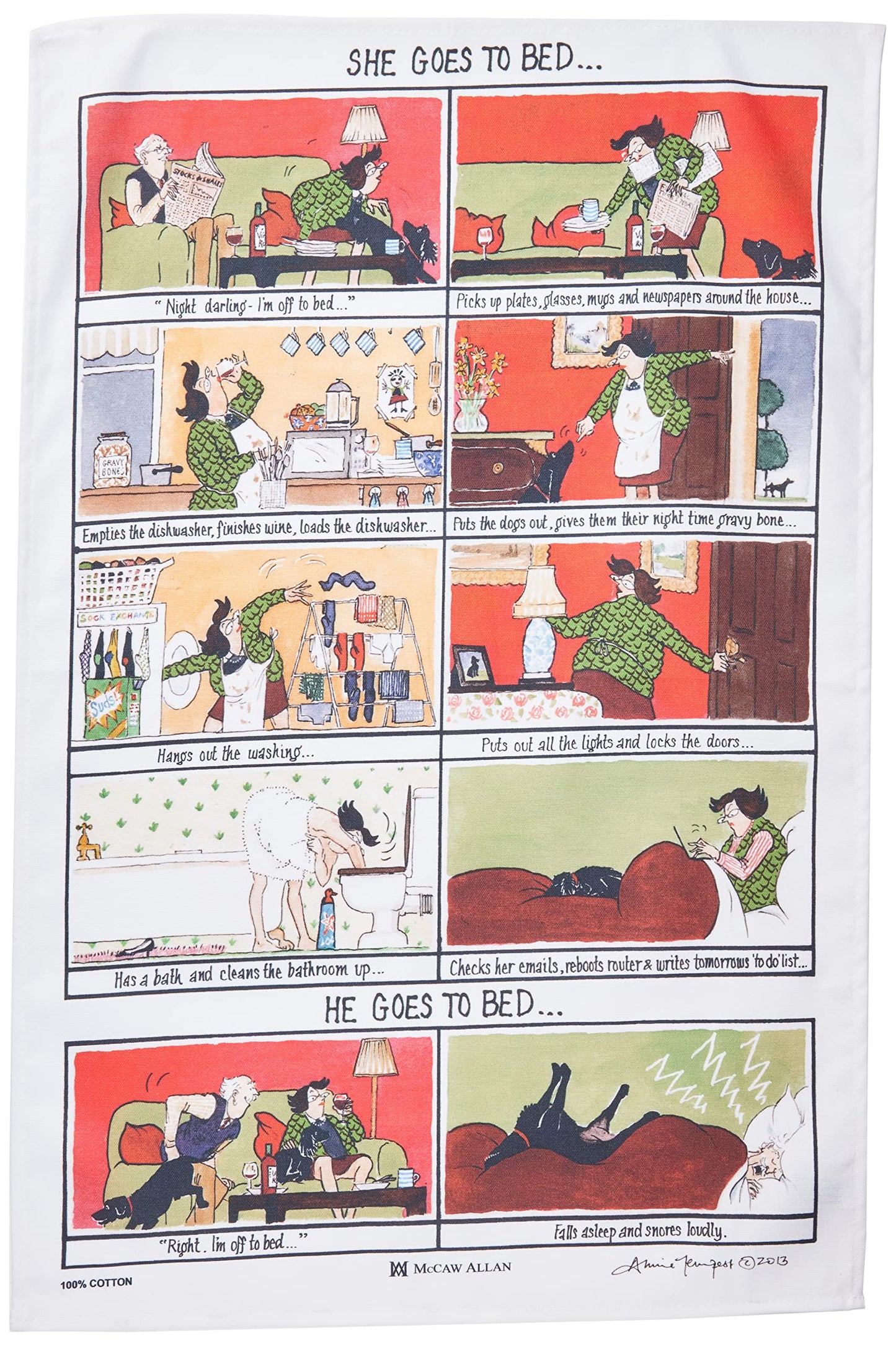 Samuel Lamont She Goes to Bed, He Goes to Bed Cotton Tea Towel