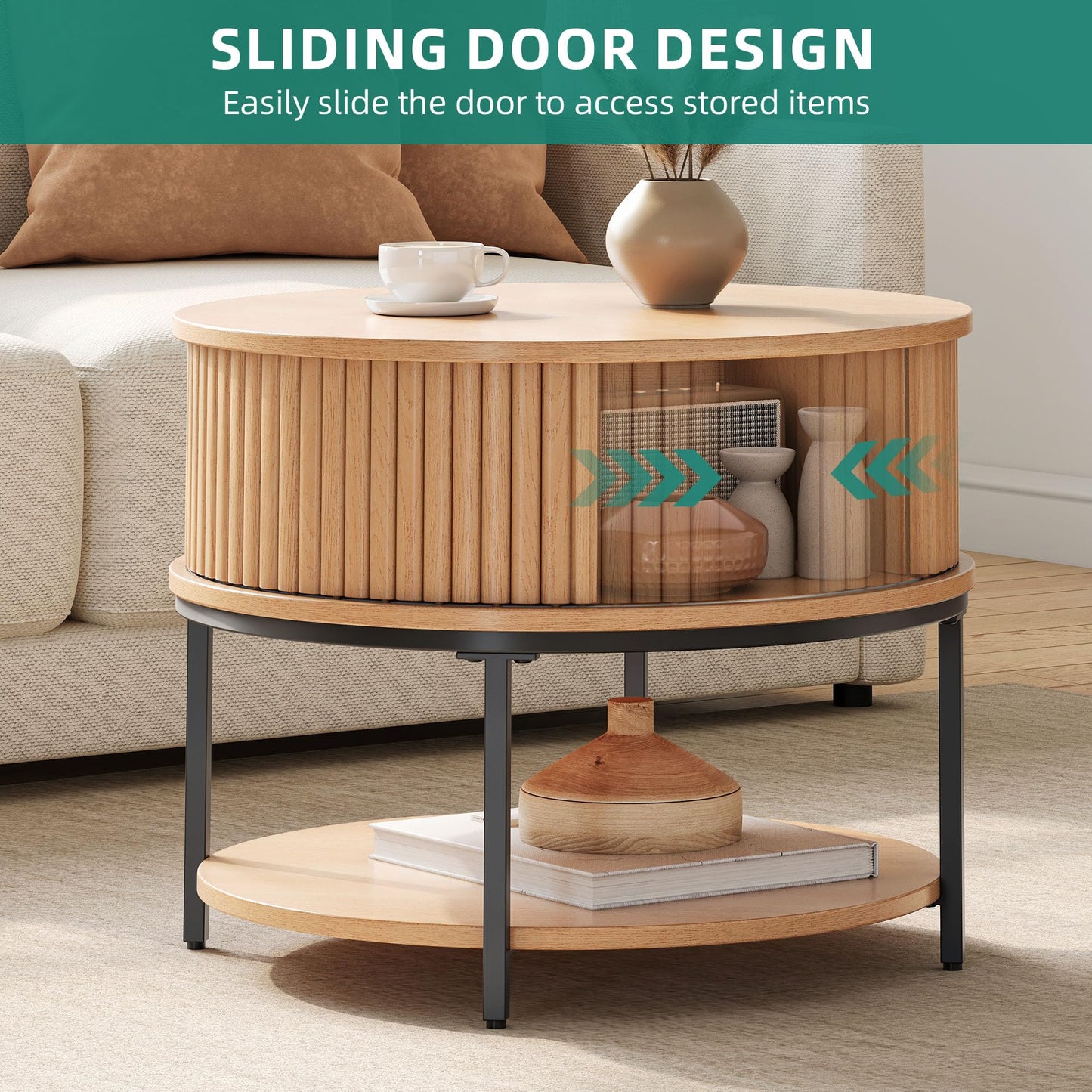 YITAHOME Round Coffee Table, Coffee Table with 2-Tier Storage Space, Fluted Coffee Tables with Tambour-Design Sliding Doors for Living Room