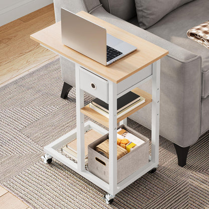 YITAHOME Bedside Table, C-Shaped Side Table with Fabric Drawer and Wheels
