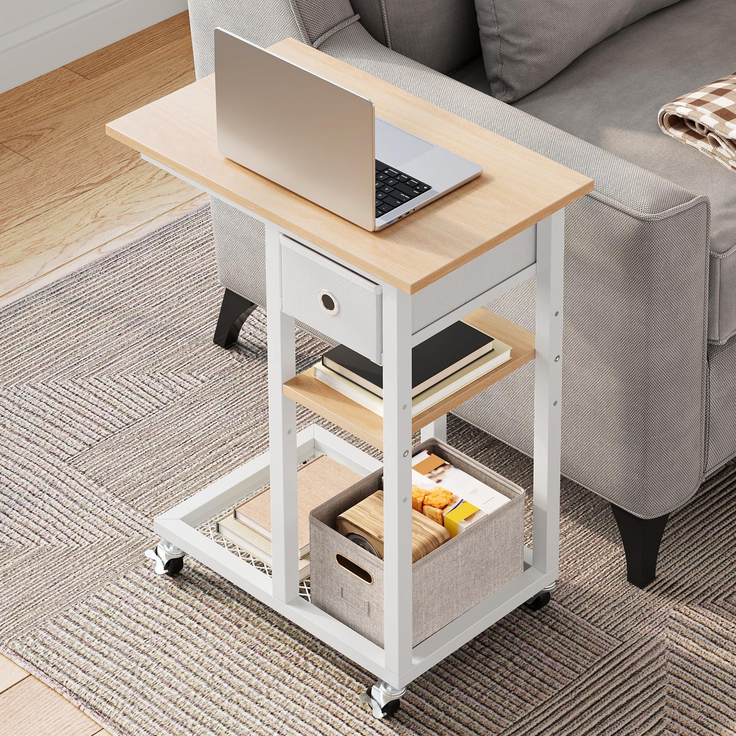 YITAHOME 2PCS C-Shaped Slim Sofa End Table with Fabric Drawer, Oak