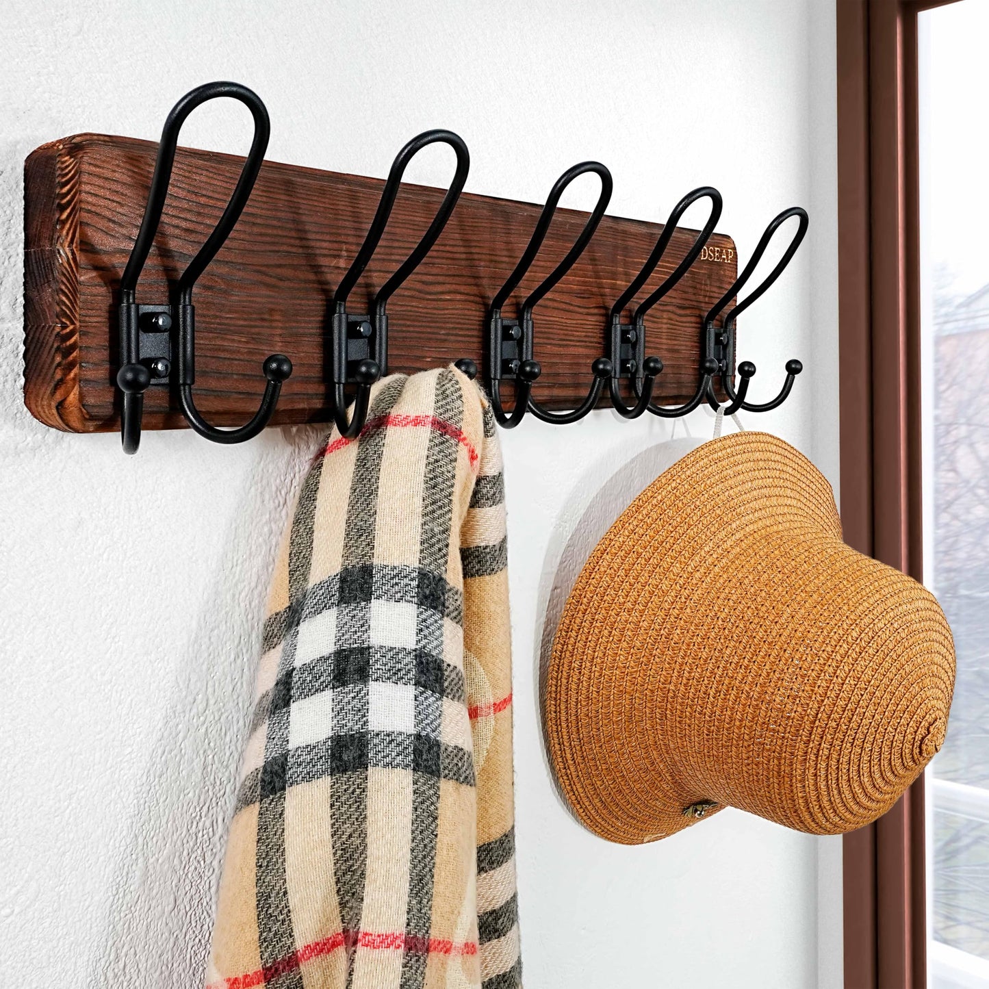 Dseap Coat Rack Wall Mounted - Heavy Duty Farmhouse Rustic Wall Coat Hanger with 5 Wire Hooks for Clothes Hat Jacket Towel, RusticWire, J1-5A