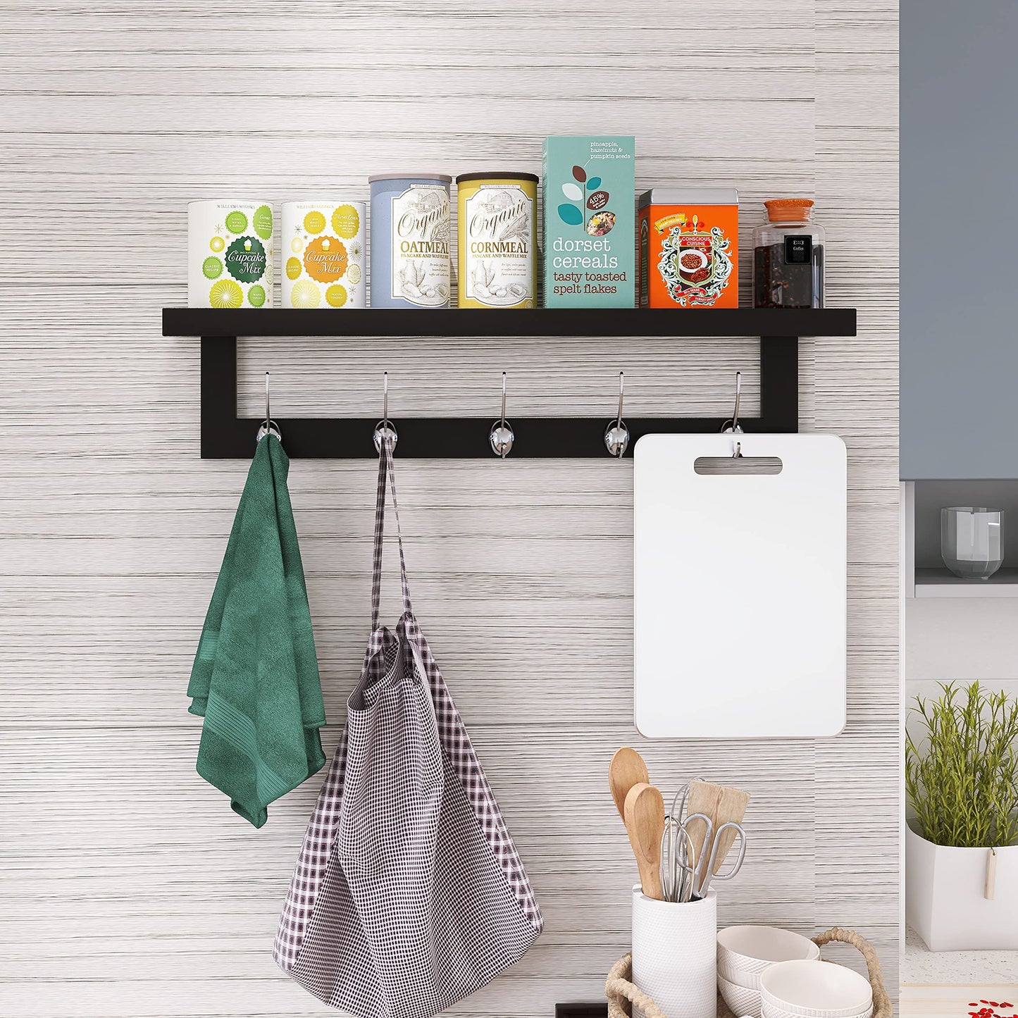 SMIBUY Coat Hooks with Shelf Wall-Mounted, 74 cm Entryway Coat Rack for Wall, Bamboo Hanging Shelf with 5 Double Metal Hooks for Bathroom, Bedroom
