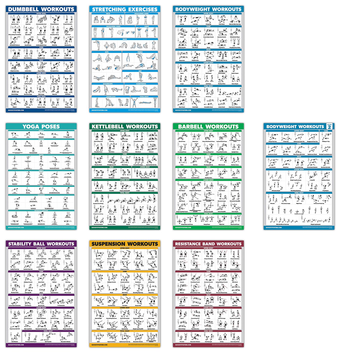 QUICKFIT 10 Pack - Exercise Workout Poster Set - Bodyweight Volume 1 & 2, Dumbbell, Suspension, Kettlebell, Resistance Bands, Stretching, Barbell,
