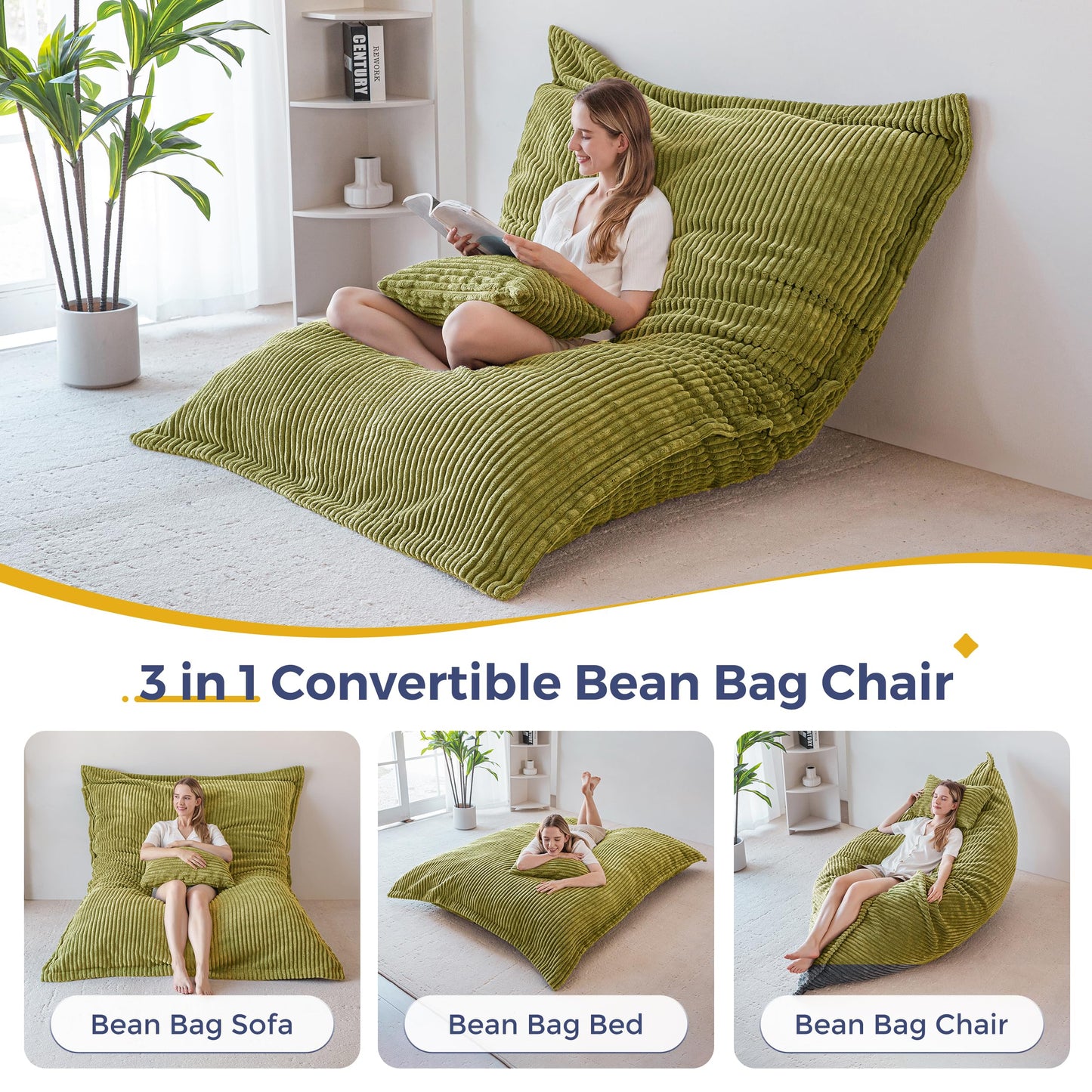 MAXYOYO Giant Bean Bag with Pillow, Soft Corduroy Removable Cover, Large Floor Cushion with Fluffy Foam Filling, BeanBag Chair for Adults & Kids