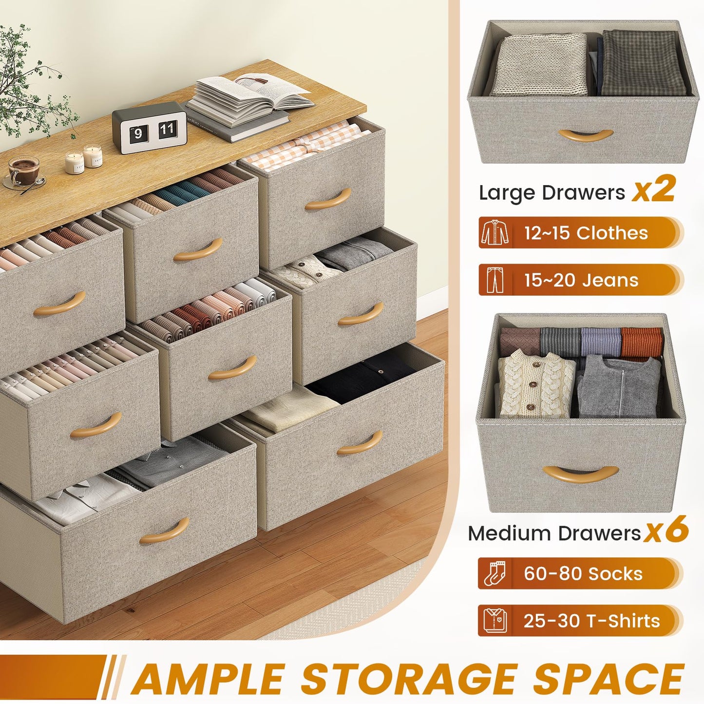 Feonase Chest of Drawers,Bedroom Dresser with 8 Fabric Drawers, Metal Frame & MDF Wood Top, Adjustable Feet, Storage Organizer Unit for Bedroom