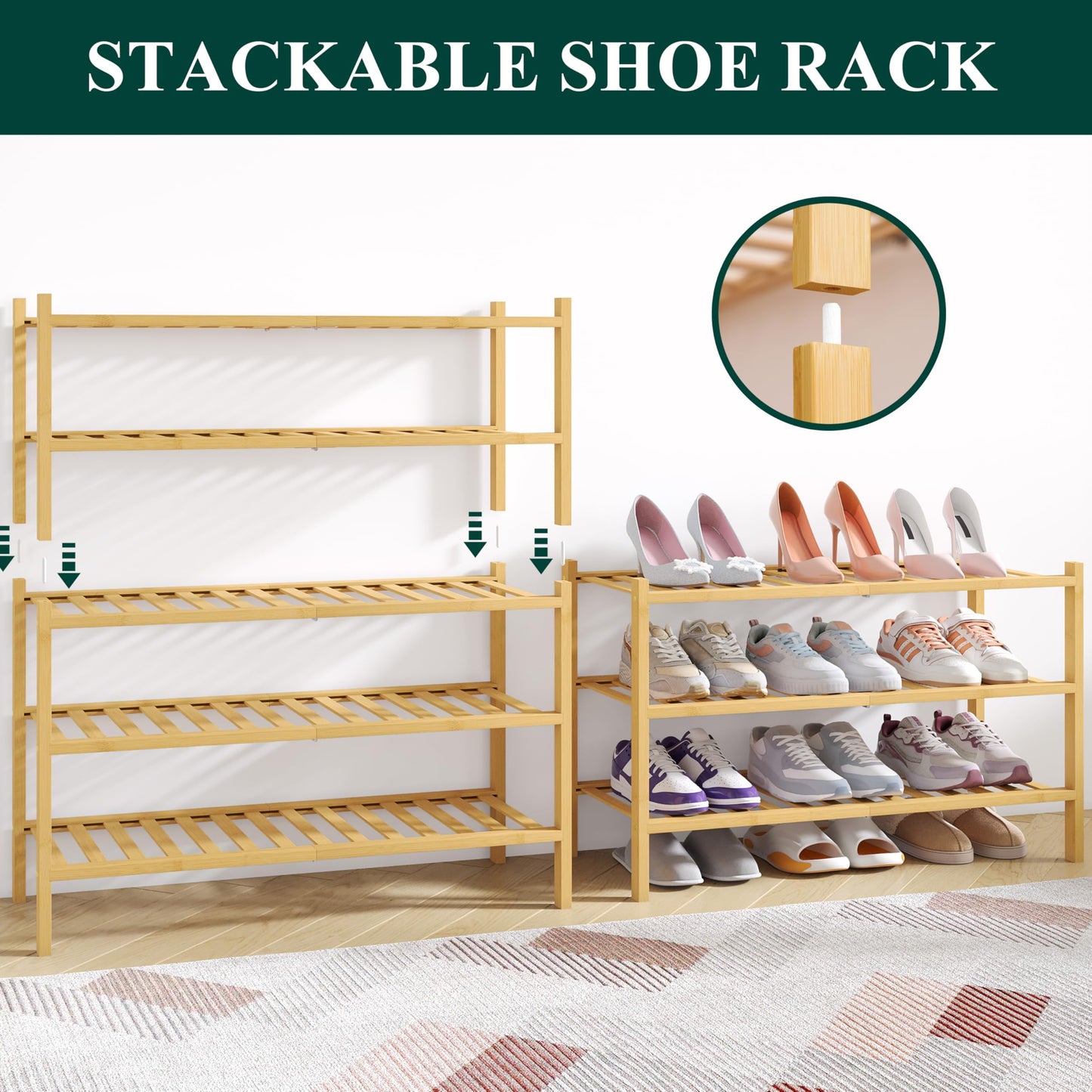 smiry Natural Bamboo Shoe Rack, 3 Tier Wooden Stackable Shoe Storage Organiser, Free Standing Shoes Storage Shelf for Entryway, Hallway, Small Spaces