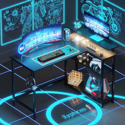 Xyphren L Shaped Gaming Desk with RGB LED Lights & Power Outlets,Corner Computer Desk with Adjustable Shelves