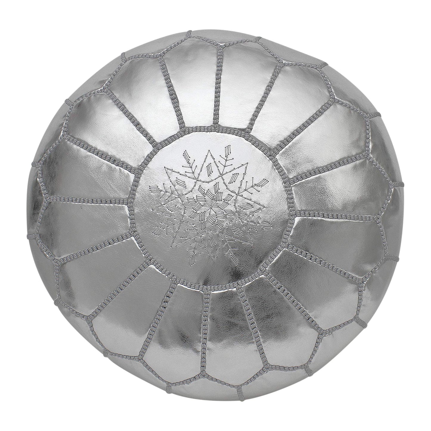 ESSENCE OF MOROCCO Moroccan Pouffe Pouf Footrest Footstool Ottoman Silver Grey Faux Leather Handmade Hand-stitched with Embroidered Pattern Marrakech