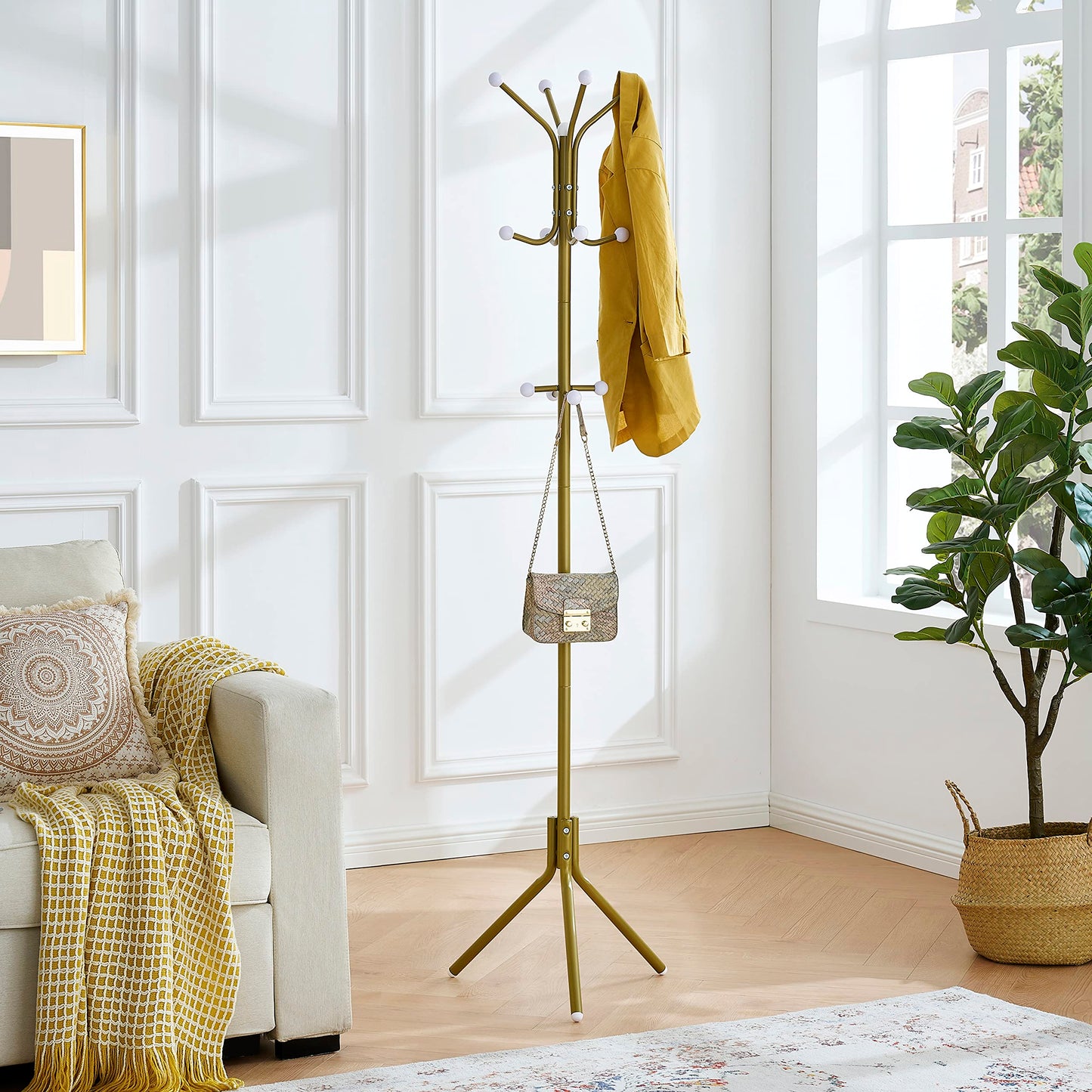 Hoctieon Freestanding Coat Hanger Stand with 12 Hooks, Entryway Hall Tree, Floor Standing Coat Rack, Gold