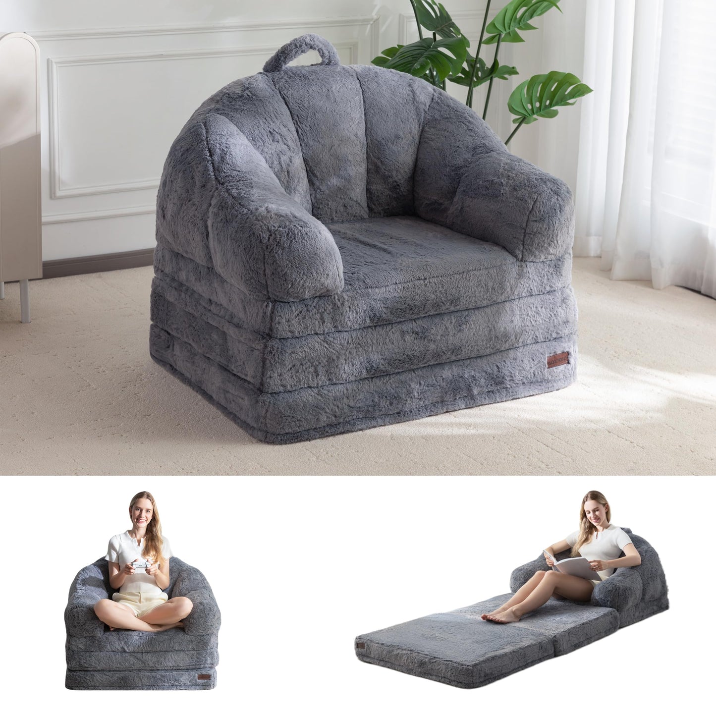 MAXYOYO Single Sofa Bed, Folding Bean Bag Chair, Faux Fur Fabric