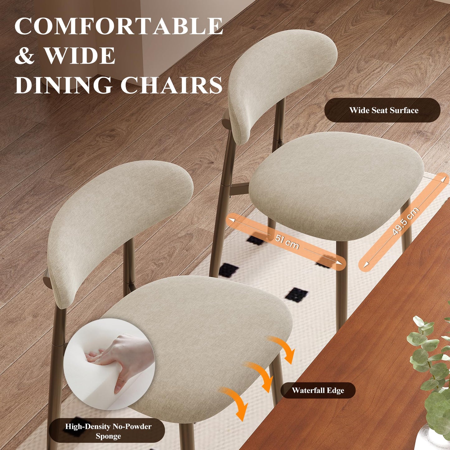 Dining Chairs Set of 6, Upholstered Dining Room Chairs with Ergonomic Curved Backrest, Metal Frame Kitchen Chairs