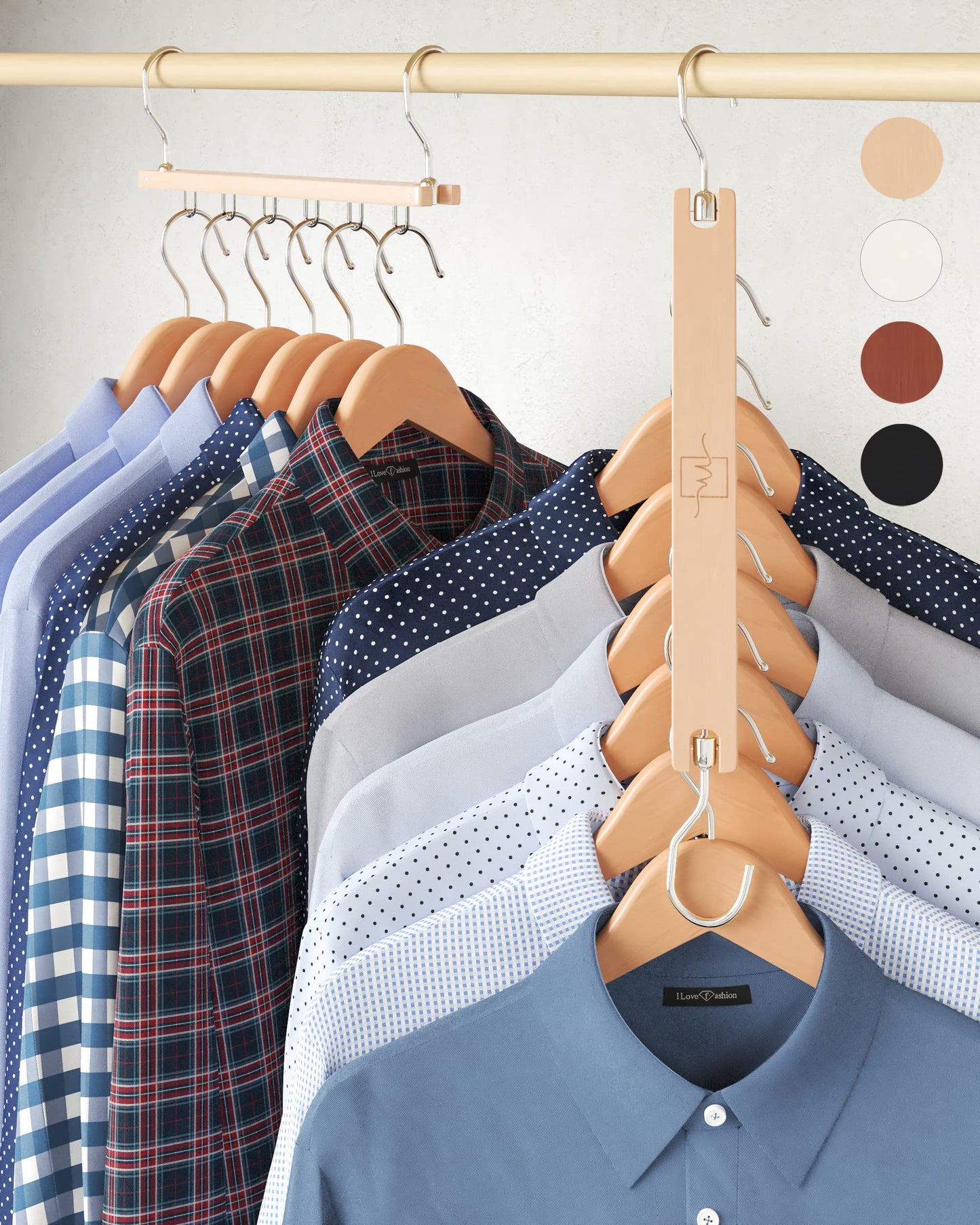 MORALVE Space Saving Hangers for Wardrobe – 4 Pack European Beechwood 6-Tier Shirt Organiser with 360° Swivel Hook