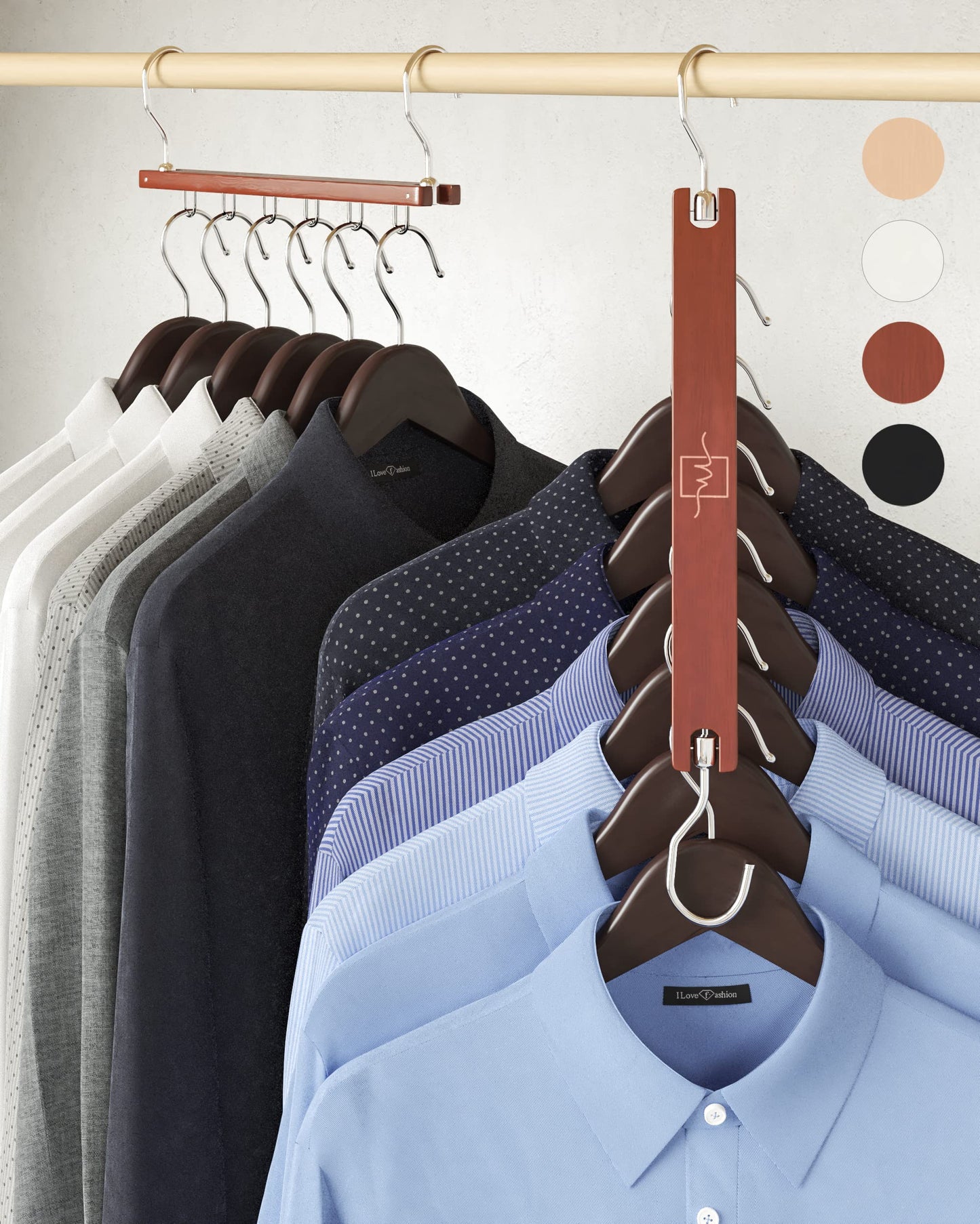 MORALVE Space Saving Hangers for Wardrobe – 4 Pack European Beechwood 6-Tier Shirt Organiser with 360° Swivel Hook