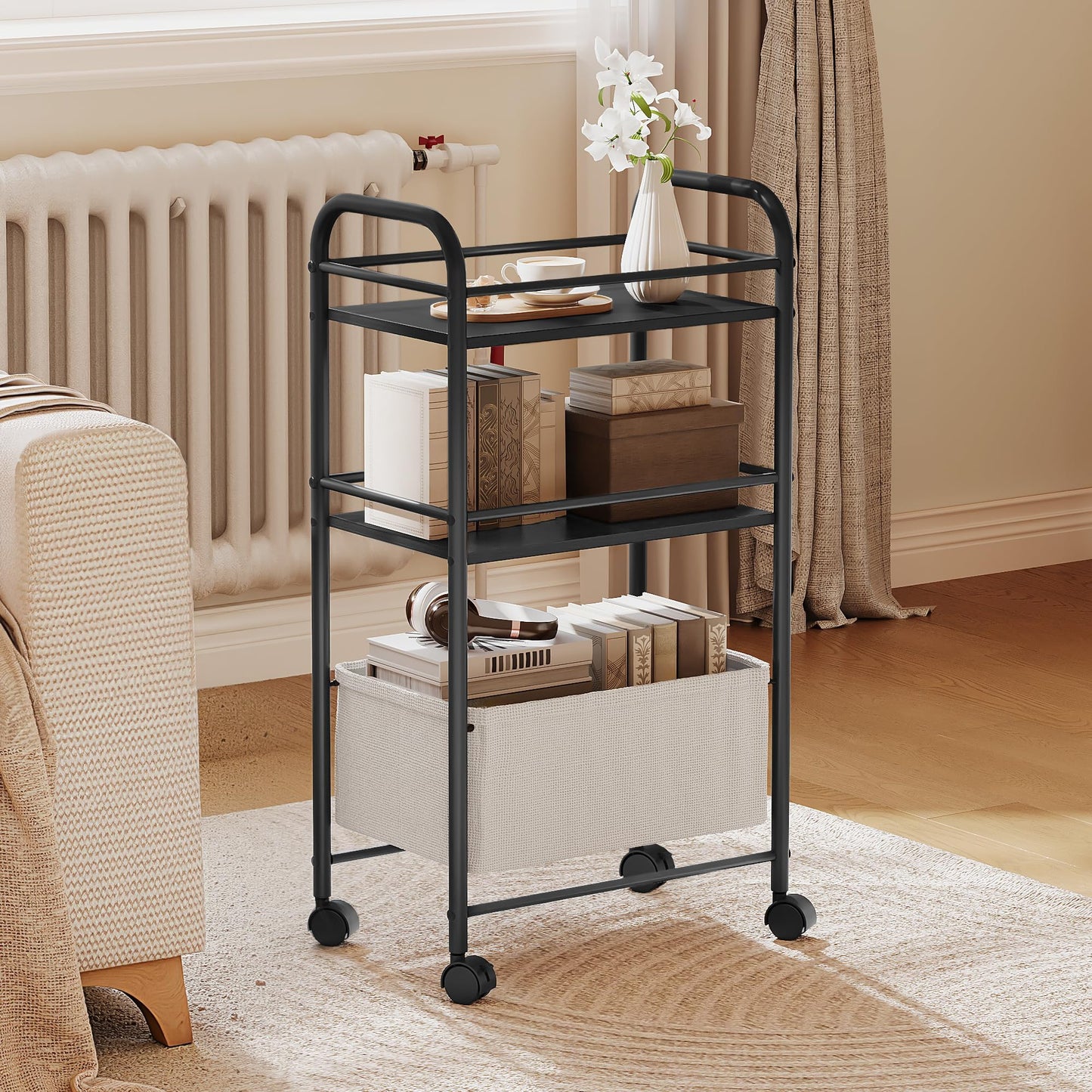 YITAHOME metal storage trolley on wheels, 3 Tier kitchen trolley, storage cart with Woven Basket, Lockable Wheels, Handle, book cart for office