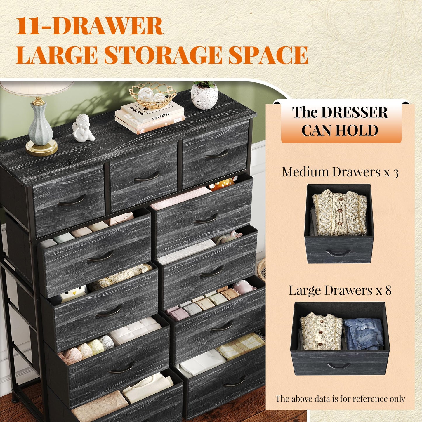 Flrrtenv Chest of Drawer with 11 Drawers, Modern Bedroom Cabinte, Fabric Drawers with Wooden Top, Sturdy Metal Frame, Tall Black Hallway Storage Unit
