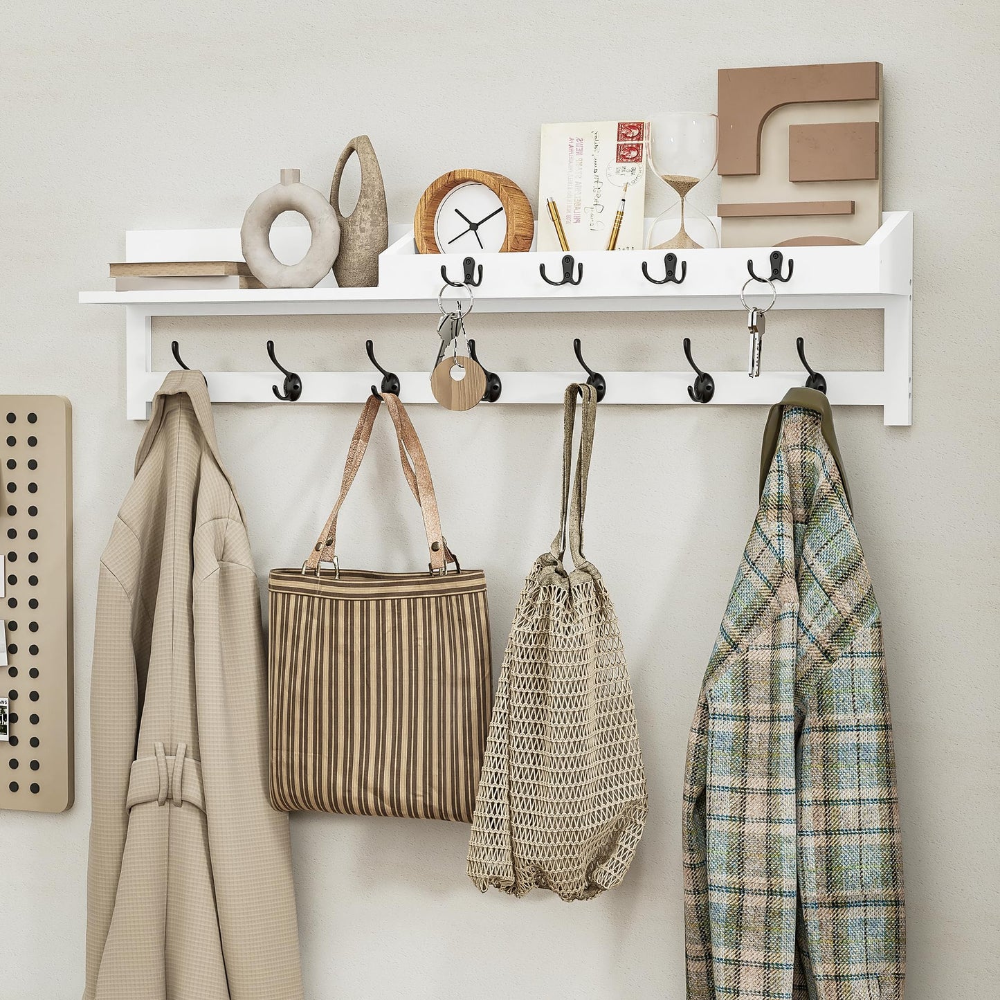 AMBIRD 89cm Wall-Mounted Coat Rack, Extra Long Coat Hooks, Entryway Shelf with 7 Dual and 4 Key Hooks, Mail Organiser, Wooden Wall Coat Rack