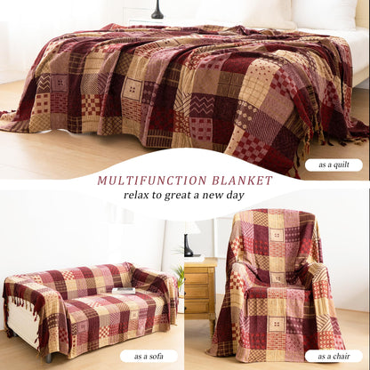 VANJOROY Bohemian Large Patchwork Sofa Bed Throw Blanket with Tassels For 2 3 Seater, 100% Chenille Soft Multi-function Throw for Couch,