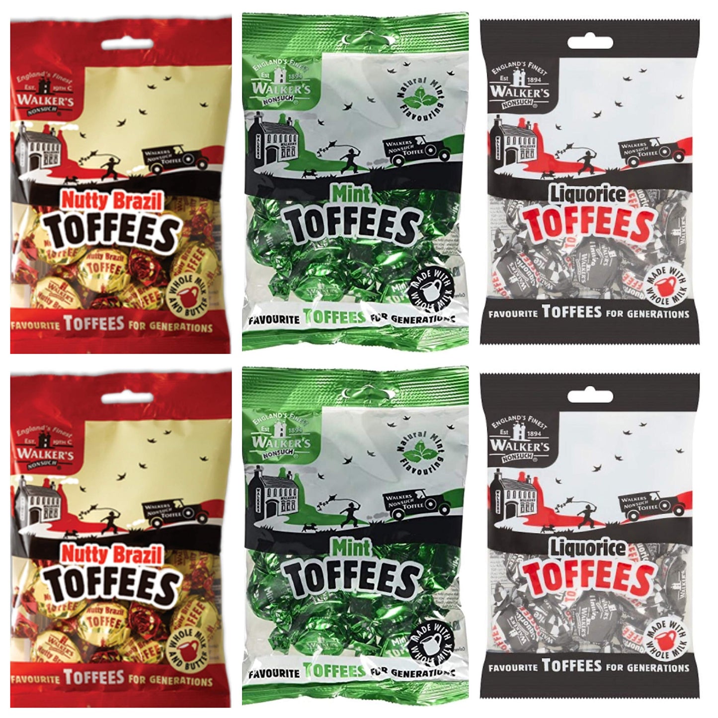 Walkers Nonsuch Toffees Set of 6 Bundle - 2 x Nutty Brazil 150g, 2 x Liquorice 150g, 2 x Mint 150g. Ideal for car Journeys or The Sweet Cupboard Set 2