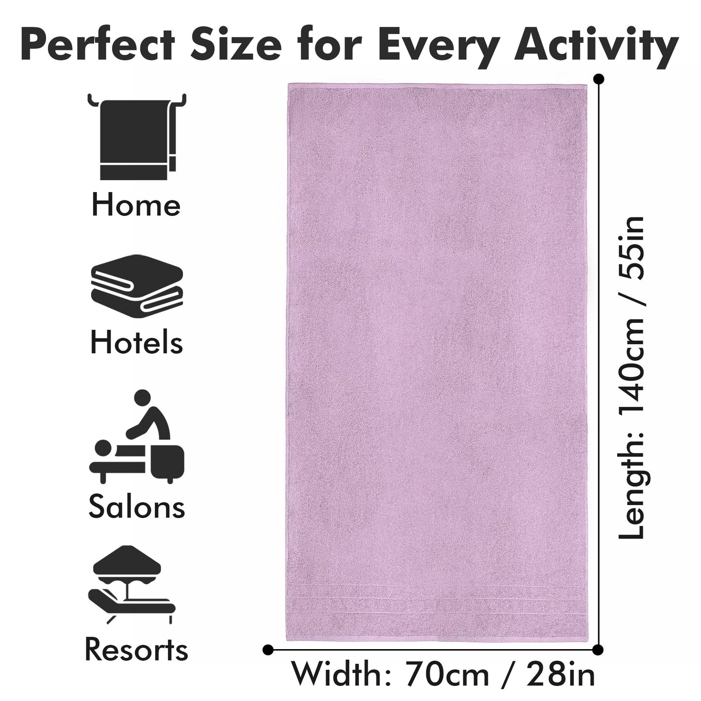 Novo Home Bath Towels Set of 4 – 550 GSM 100% Cotton Lilac Extra Large Towels for Bathroom, Spa Use (70x140 cm)