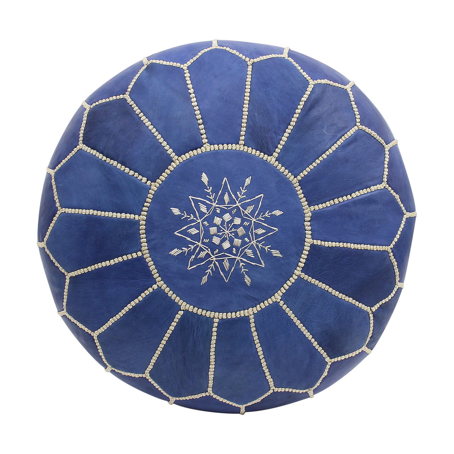ESSENCE OF MOROCCO Moroccan Pouffe Pouf Footrest Footstool Ottoman Real Leather Indigo Blue Handmade Hand-stitched with Embroidered Marrakech Design