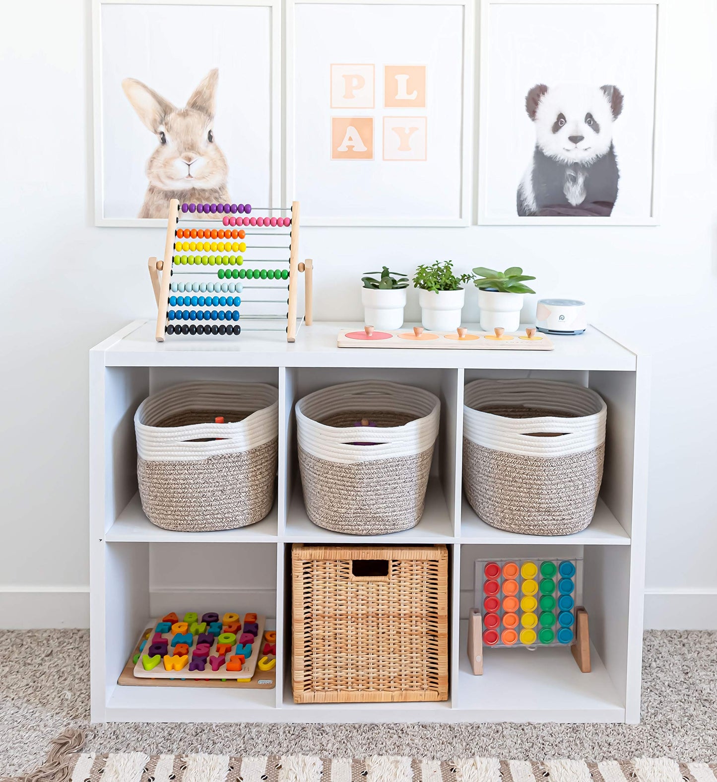 OrganiHaus Set of 3 Bathroom Storage Baskets for Shelves, Cotton Rope Basket for Towels, Toys, Baby Items, White & Brown Blanket Organizer