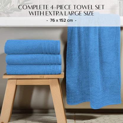 100% Cotton Extra Large Bath Towels Set of 4 76x152cm - Medium Blue