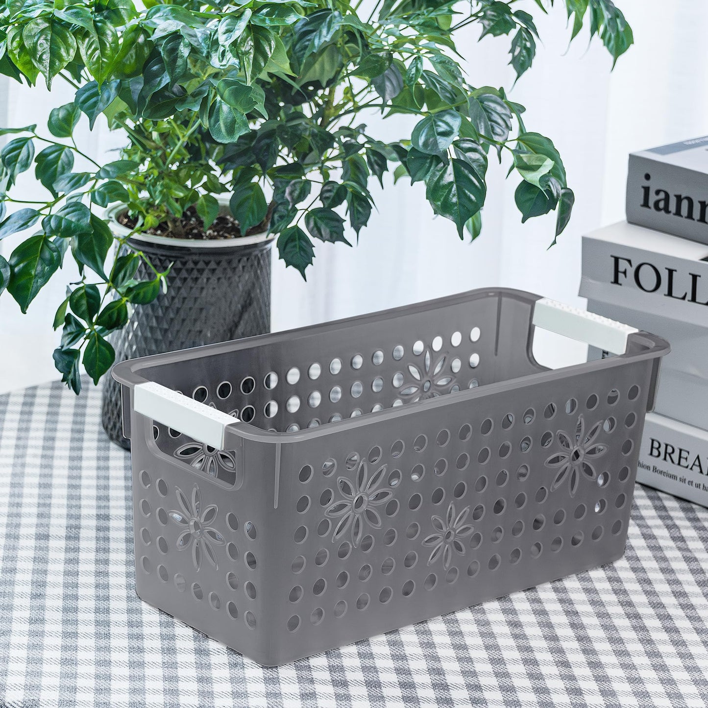 Cetomo Plastic Storage Box, Storage Baskets with Handle, Shelf Basket Organizer with Hole, Open Top Storage Bin for Home Kitchen Office, Clear Black