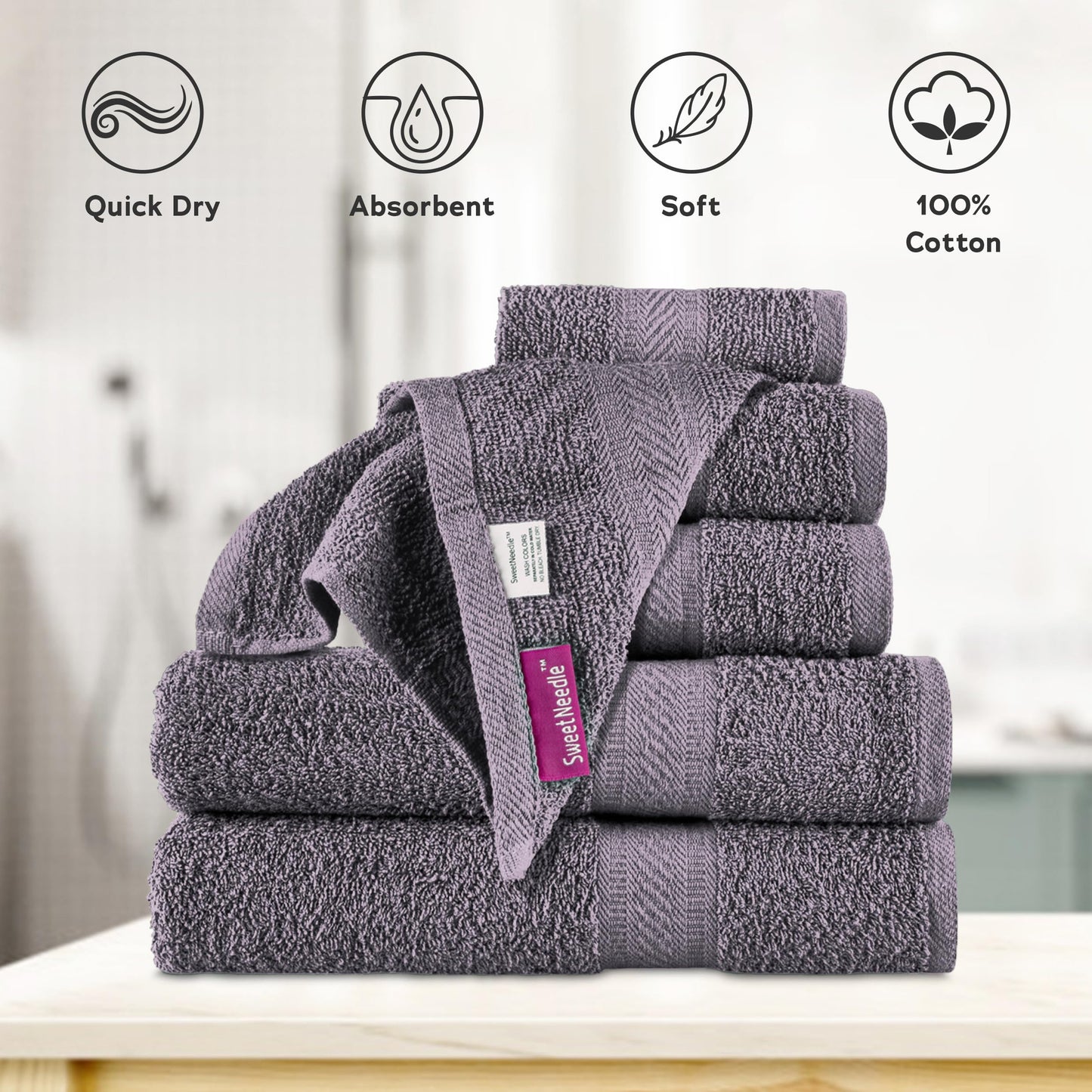 SweetNeedle 6 Piece Towel Set - 2 Bath Towels, 2 Hand Towels and 2 Washcloths Cotton Daily Use Hotel Spa Quality Soft Highly Absorbent Quick Dry