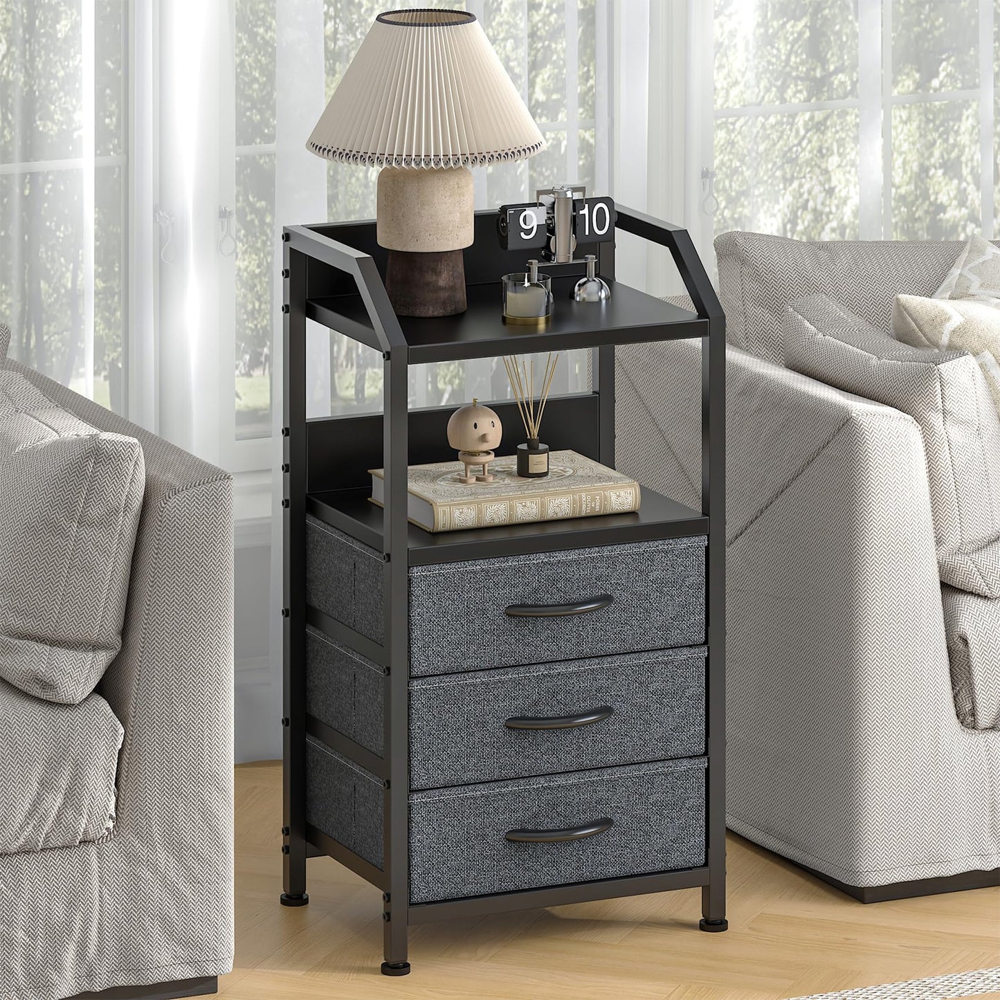 Feonase Bedside Table with 3 Fabric Drawers and Open Shelf, Nightstand for Bedroom, Living Room, Small Spaces – Metal Frame & Wooden Top