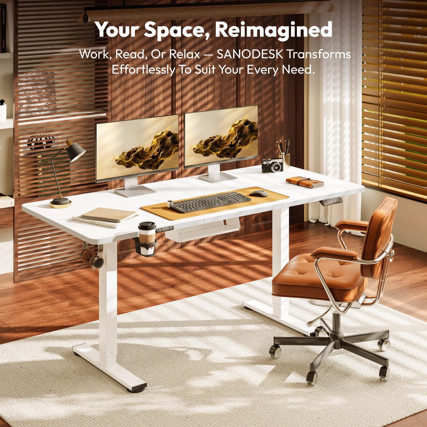SANODESK 140 * 60 Electric Standing Desk Height Adjustable Standing Desk Sit Stand Table Adjustable Desk Stand Up Desk with Hook&Cupholder for Home