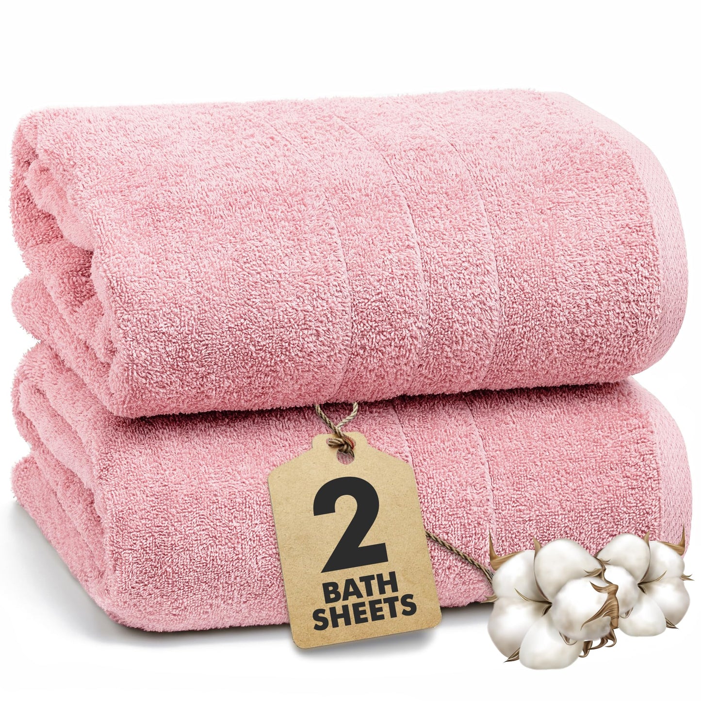 Novo Home Bath Sheets - Extra Large Bathroom Sheet Set – 550 GSM Pack of 2 Jumbo Towels Baby Pink (90x180cm)