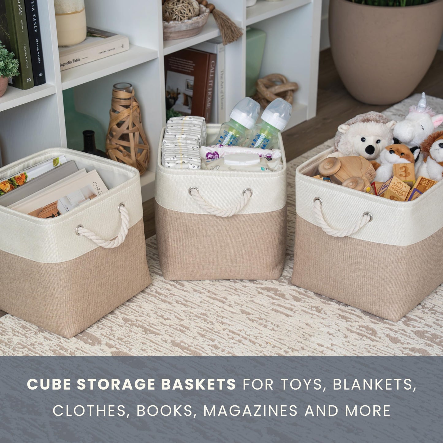 OrganiHaus Fabric Storage Boxes, Set of 3 Foldable 30X30 Cube Organiser Bins with Rope Handles for Shelves, Nursery & Closet