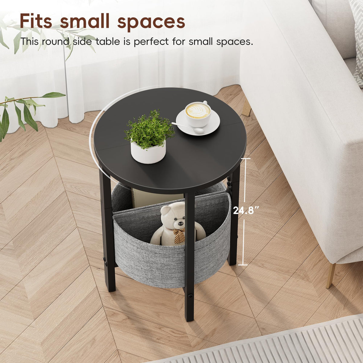Vagusicc Side Table, Round End Table with Fabric Basket, Small Coffee Table, Set of 2 Half Moon Entry Table, Accent Table Bedside Table
