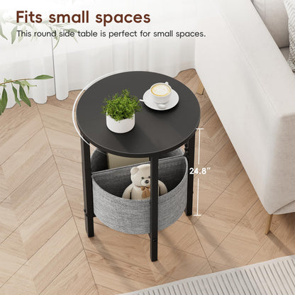 Vagusicc Side Table, Round End Table with Fabric Basket, Small Coffee Table, Set of 2 Half Moon Entry Table, Accent Table Bedside Table