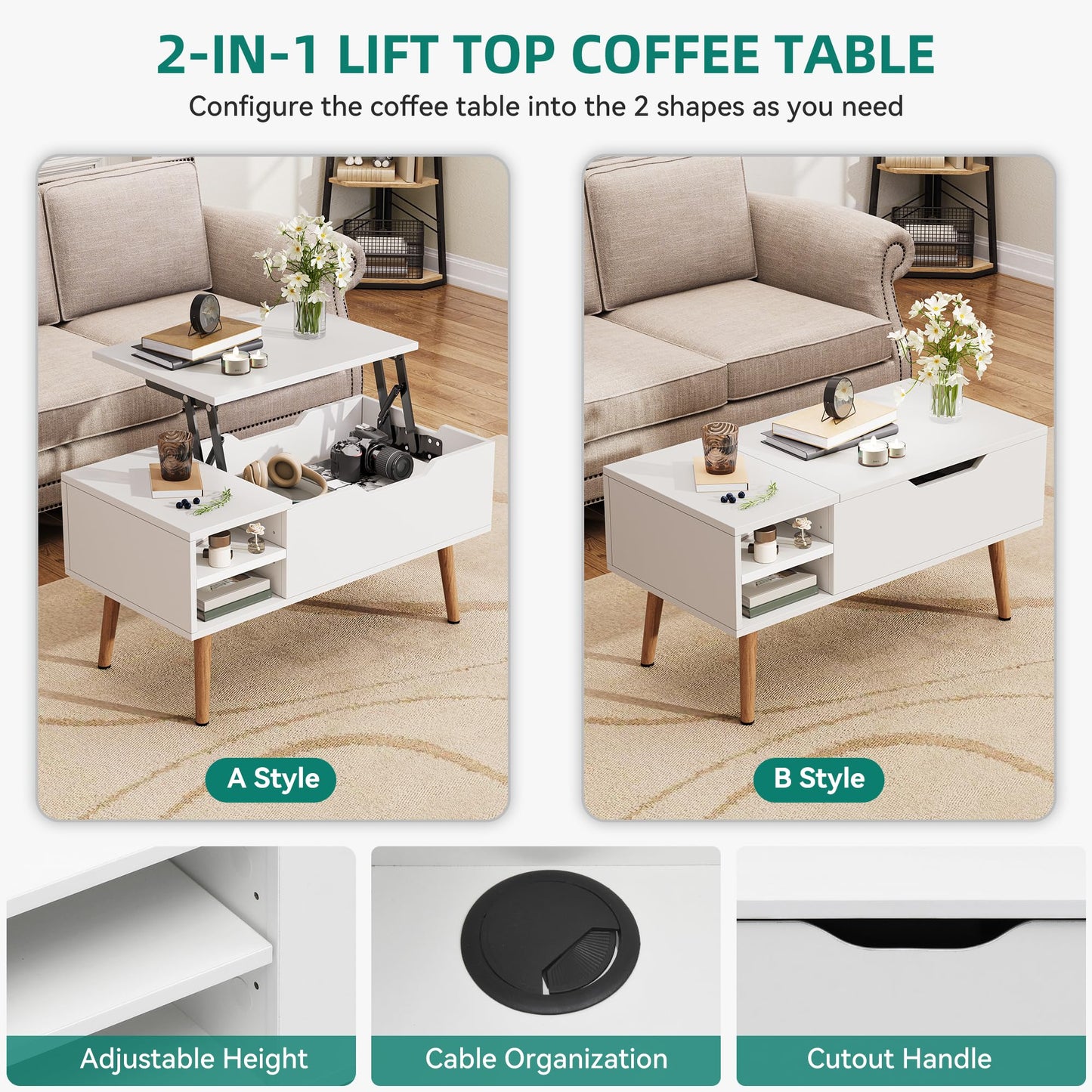 YITAHOME Lift Top Coffee Table with Hidden Compartment, Adjustable Storage Shelf, Spring Lifter, Coffee Table with Storage for Living Room