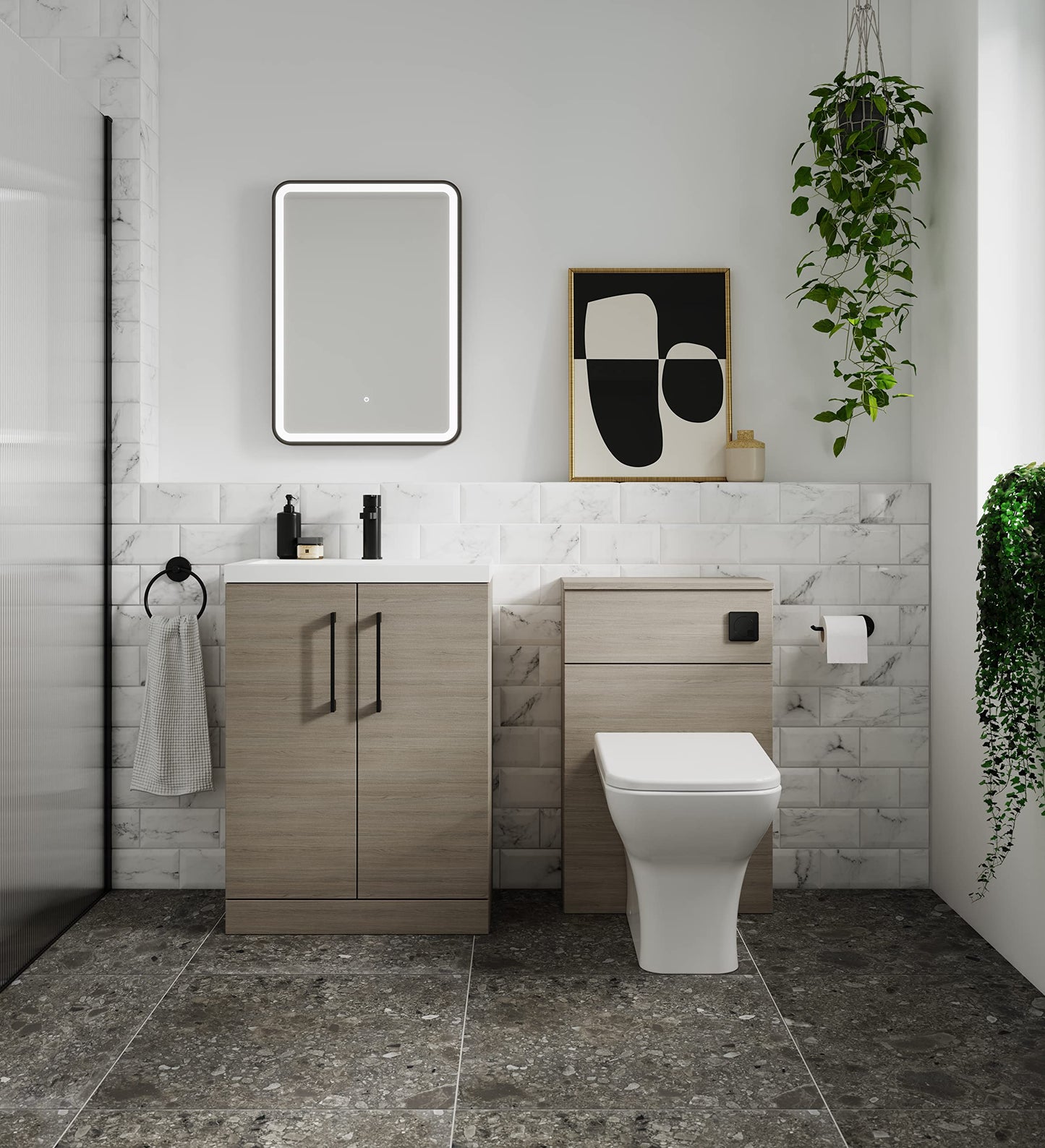 nuie ARN2505G Arno Modern Bathroom Floor Standing 2 Door Vanity Unit with Curved Ceramic Basin, 800mm, Woodgrain Solace Oak