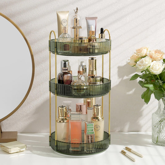 ROWNYEON Makeup Organiser 360 Rotating,Spinning Skincare Cosmetic Organiser 3 Tier Large Spinny Make Up Storage Organiser Shelf for Perfume,