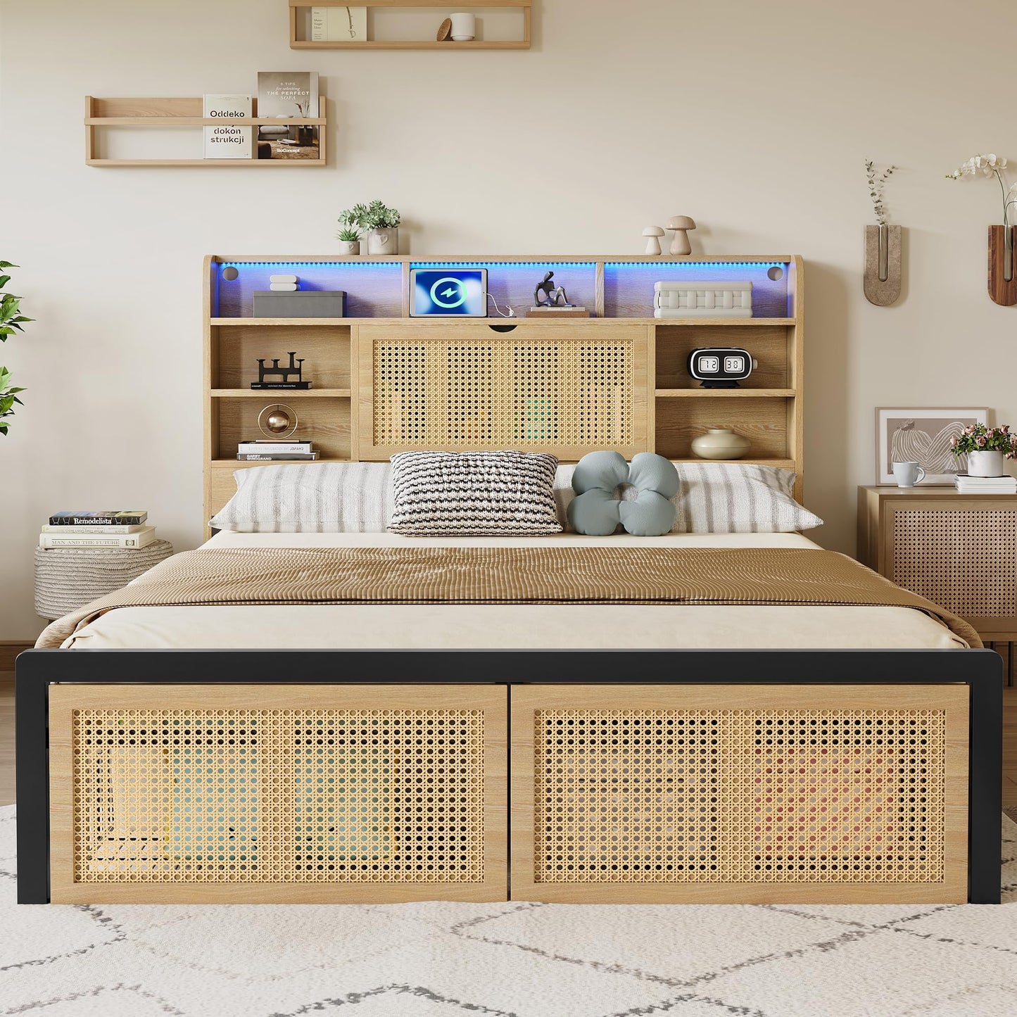 Merax 4ft6 Wooden Bed Frame LED Double Bed Platform Bed 135x190cm,Charging Port, PE Rattan Drawer with Wheels,MDF + Iron,Wood Colour (NO Mattress)