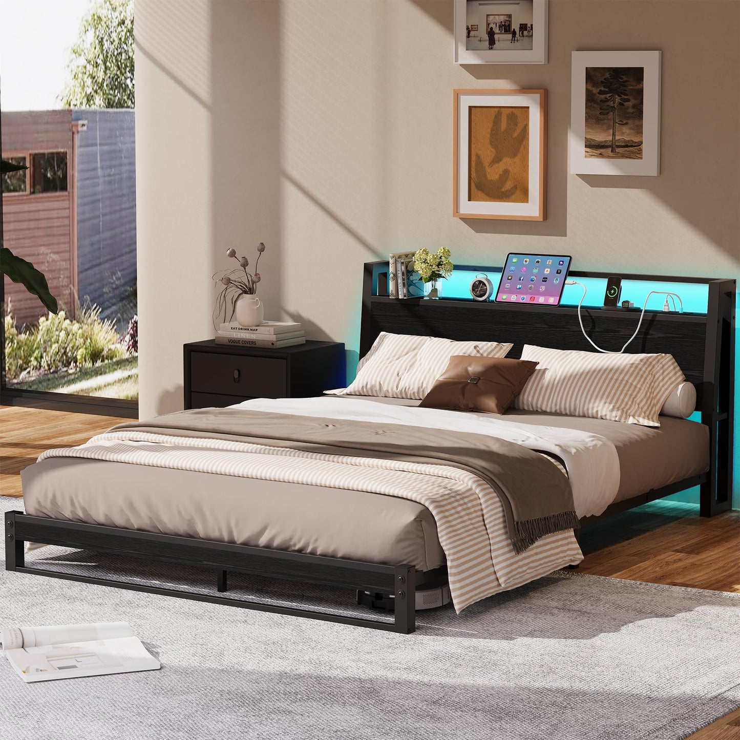 4ft6 Double Bed Frame with Ergonomic Storage Headboard,Metal Platform Low Bed Frame Double,Floor Bed Base with Charging Station and LED,Heavy Duty