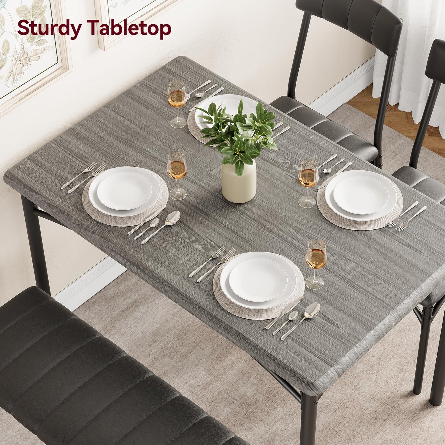 Crevyteg Space-Saving 4-Piece Dining Table Set Modern Industrial Kitchen Table with 2 Chairs and Bench for 4 Seater Dining Room Small Spaces